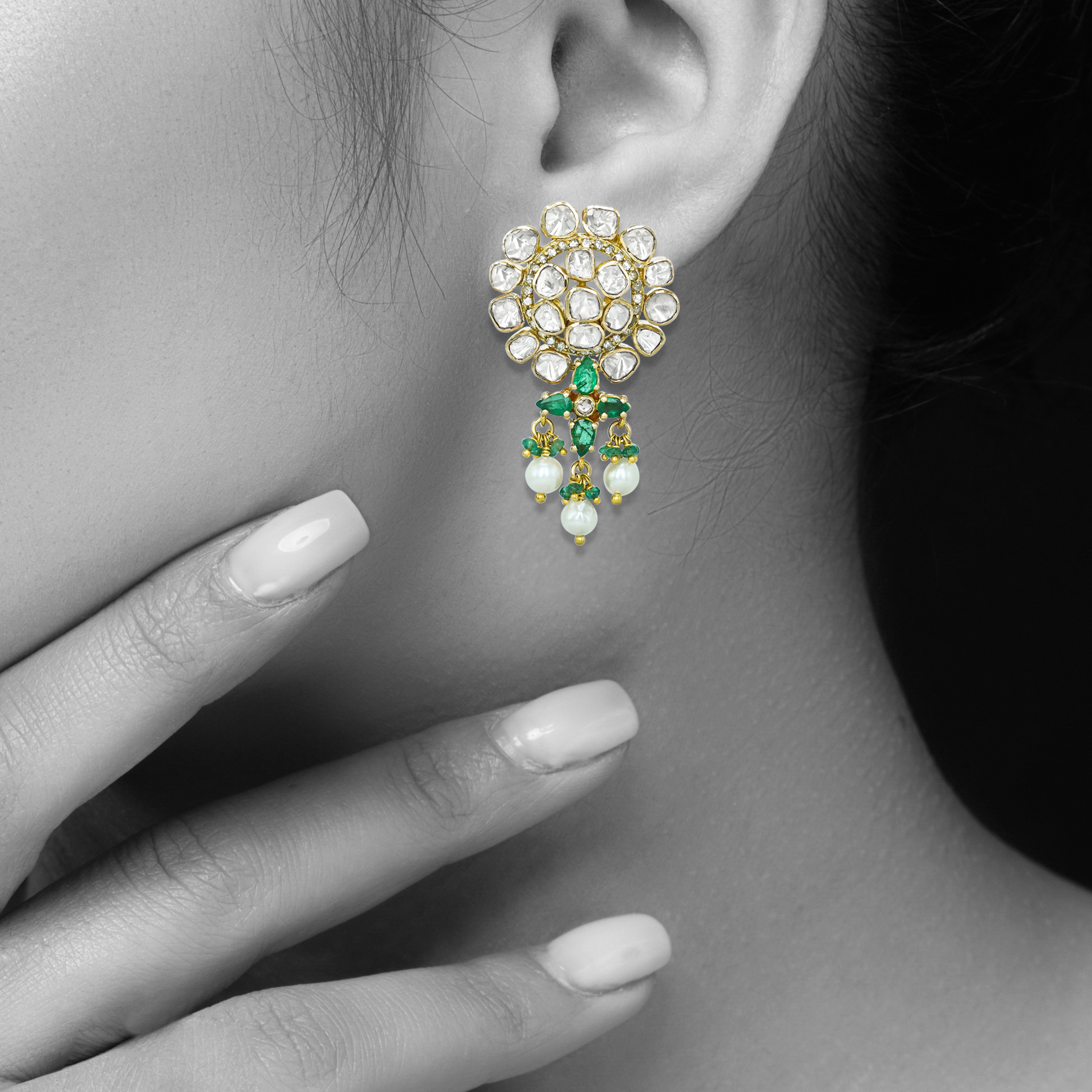 Floral Open Polki Earrings with Emerald and Pearl Drops